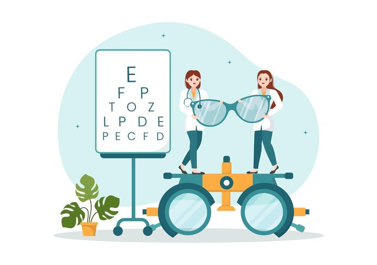 Wektor optometrysta z okulistą sprawdza wzrok pacjenta i okulary w ręcznie rysowanej ilustracji