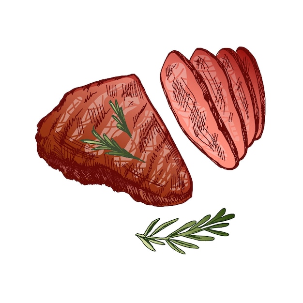 Organiczne jedzenie Ręcznie narysowany kolorowy szkic wektorowy grillowanego steku wołowego kawałek mięsa z rozmarynem