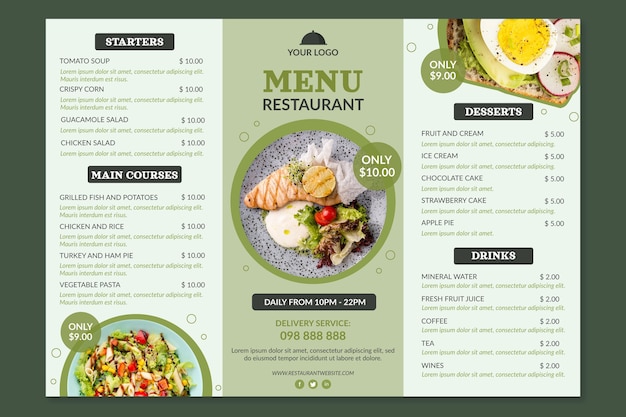 Plik wektorowy organiczny płaski rustykalny szablon menu restauracji ze zdjęciem