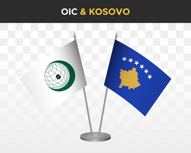 Organizacja Oic Współpraca Islamska Vs Kosowo Kosowa Flagi Biurkowe Makieta Ilustracja Wektorowa 3d