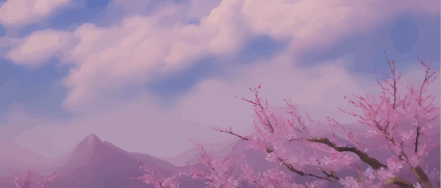 Plik wektorowy orientalne tło wiosny ze wzgórzami, słońcem i górskimi kwiatami sakury, zapasowy ogród japoński