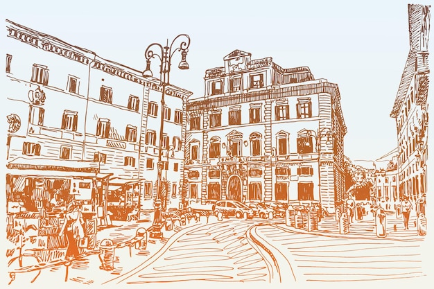 Oryginalny Szkic Ręcznie Rysunek Słynnego Pejzażu Rzym Włochy, Karty Podróży, Ilustracji Wektorowych