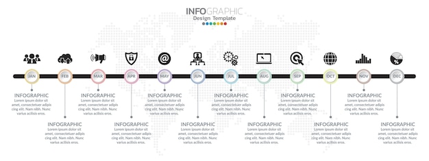 Oś Czasu Projekt Infografiki Na 1 Rok, 12 Miesięcy, Czynności Lub Procesów.