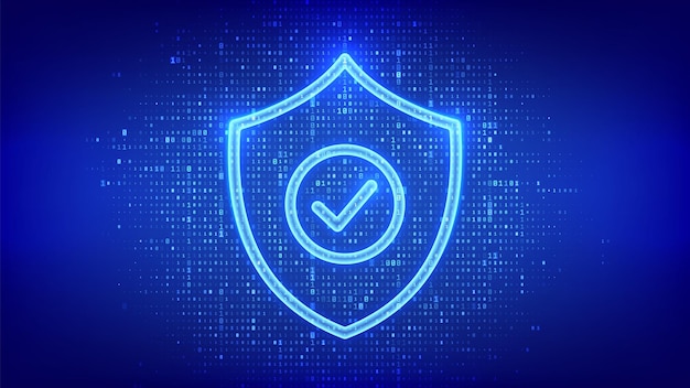 Osłona bezpieczeństwa Ochrona cybernetyczna Osłona ochrony z ikoną znaku sprawdzającego wykonaną z kodu binarnego Prywatność informacji Ochrona danych cybernetycznych Tło kodu cyfrowego z cyframi 10 Ilustracja wektorowa