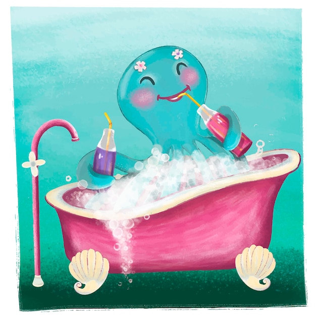 Plik wektorowy ośmiornica bierze kąpiel i pije lemoniadę. ładny postać z kreskówki. ilustracja wektorowa.