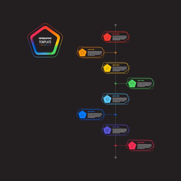 Ośmiostopniowa Pionowa Oś Czasu Plansza Szablon Z Pięciokątów I Wielokątów Na Czarnym Tle. Nowoczesna Wizualizacja Procesów Biznesowych Z Ikonami Marketingu Cienkich Linii.