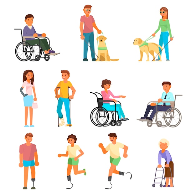Osób Niepełnosprawnych Wektor Płaski Zestaw Ikon Na Białym Tle