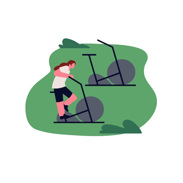 Plik wektorowy osoba ćwicząca na bieżni na świeżym powietrzu w parku naziemnym do ćwiczeń kobieta na rowerze na rowerze stacjonarnym sprzęt rowerowy trenujący w przyrodzie w lecie ilustracja wektora płaskiego izolowana na białym tle