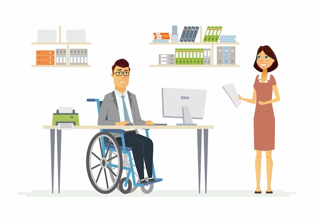 Osoba niepełnosprawna w pracy - ilustracja postaci z nowoczesnych kreskówek z niepełnosprawnym mężczyzną na wózku inwalidzkim i uśmiechniętą kobietą w wygodnym biurze. Pojęcie równych praw dla wszystkich