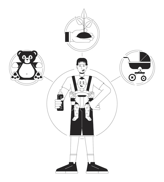 Osoba opiekuna archetyp bw koncepcja wektorowa ilustracja punktowa Człowiek z dzieckiem 2D kreskówka zarys postaci na białym dla projektowania interfejsu użytkownika Familyman Parenting Edytowalny izolowany kolor bohater obraz