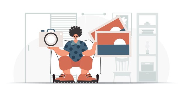 Osoba trzyma w rękach aparat i zdjęcia Koncepcja odpoczynku i podróży Ilustracja wektorowa w modnym stylu