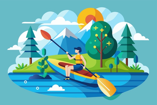Plik wektorowy osoba w kajaku wiosłująca w dół rzeki z majestatycznymi górami w tle kayaking customizable flat illustration