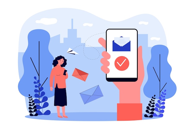 Osoby posiadające smartfony wysyłające i odbierające wiadomości. Ilustracja e-mail, komunikator, telefon komórkowy. Komunikacja, koncepcja internetu na baner, stronę internetową lub stronę docelową