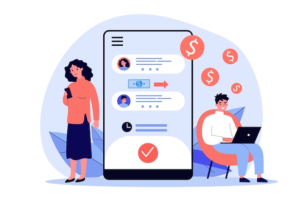 Osoby przekazujące pieniądze za pośrednictwem aplikacji na smartfony. Telefon komórkowy, gotówka, ilustracja bankowa. Koncepcja finansów i technologii cyfrowej dla banera, witryny internetowej lub strony docelowej