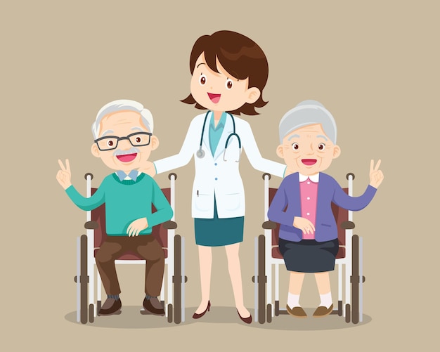 Osoby Starsze Siedzą Na Wózku Inwalidzkim Z Lekarzem Zajmą Się Osobą Niepełnosprawną Na Wózku Inwalidzkim I Lekarzami