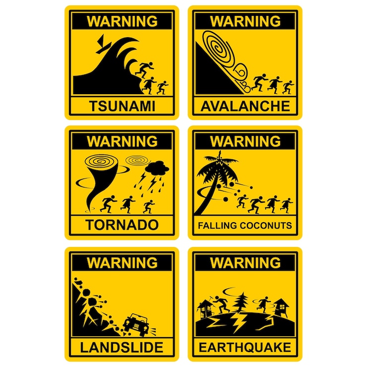 Wektor ostrzeżenie tsunami lawinę tornado spadające kokosy osunięcie ziemi wektor znaku trzęsienia ziemi