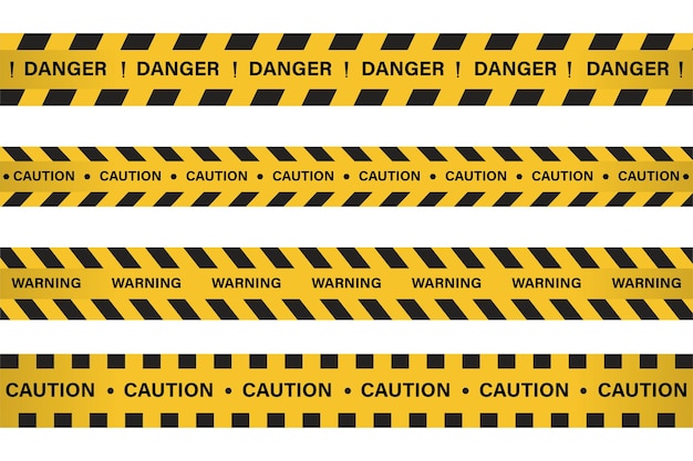 Plik wektorowy ostrzeżenie, znak niebezpieczeństwa w kolorze żółtym i czarnym. znak ostrzegawczy dla policji, wypadek, w budowie, strona internetowa. wektor znak niebezpieczeństwa. taśma ostrzegawcza w zestawie z czarno-żółtymi taśmami ostrzegawczymi.