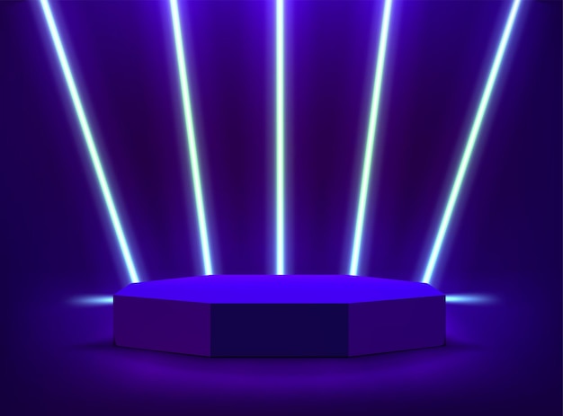 Oświetlone wnętrze z niebieskimi neonami i circlr podium 3d ilustracji wektorowych