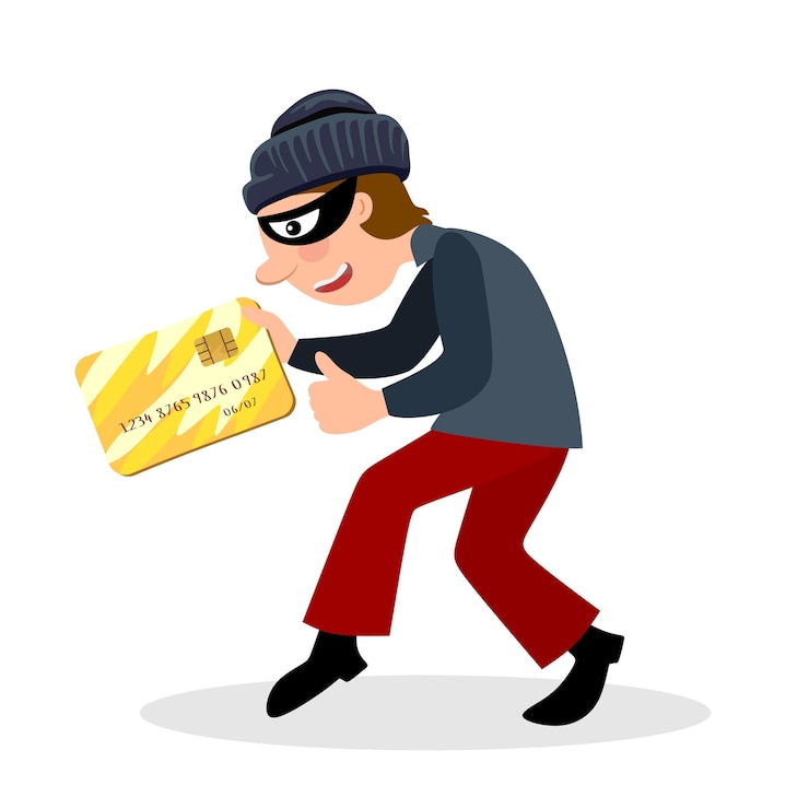 Wektor oszustwa online cyber złodziej kradnie pieniądze szczegóły karty kredytowej płaski wektor kreskówka