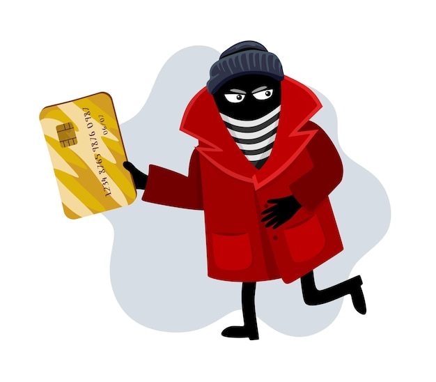Plik wektorowy oszustwa online cyber złodziej kradnie pieniądze szczegóły karty kredytowej płaski wektor kreskówka