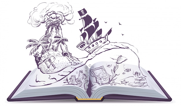 Otwarta Książka O Piratach I Skarbach. Pirat Na żaglówce Pływa Na Falach. Wyspa Skarbów