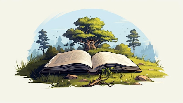 Plik wektorowy otwarta książka z drzewem na górze i drzewem po lewej stronie