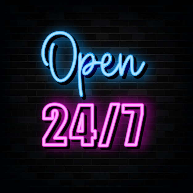 Otwarte 24 godziny Neon Signs Wektorowy projekt szablonu Neon Style