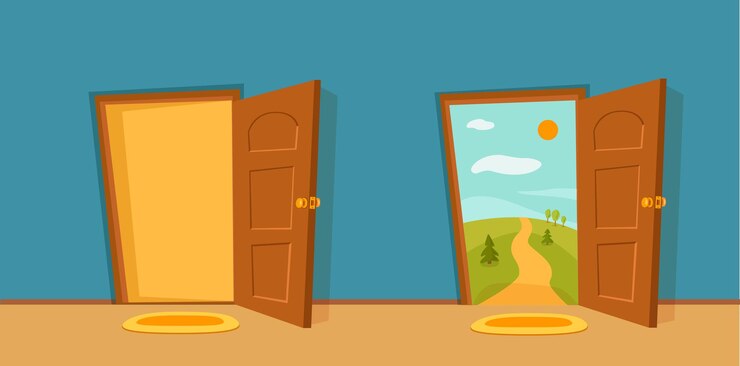 Otwarte drzwi kreskówka kolorowy wektor ilustracja z doliny lato słońce krajobraz z drogą, drzewa zielone pole
