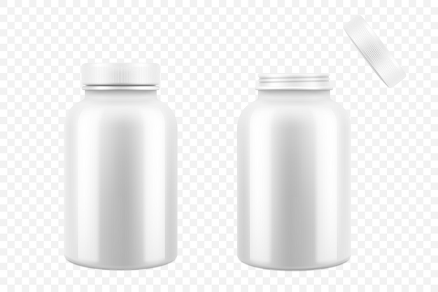 Otwarte i zamknięte białe plastikowe butelki medyczne pigułki, 3d realistyczne ilustracji wektorowych. Zestaw szablonów makiety opakowania leków na tabletki, kapsułki, leki, izolowana na białym tle