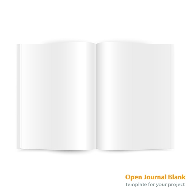 Otwórz dwustronicowy magazyn z pustymi stronami na białej powierzchni