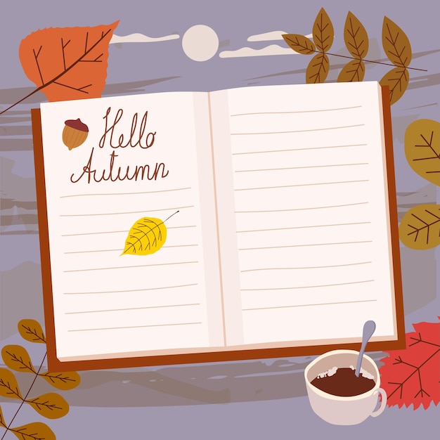 Plik wektorowy otwórz listę notatników z jesiennego dziennika dziennego zaplanuj cele do zrobienia filiżanki kawy z żołędzi jesiennych liści