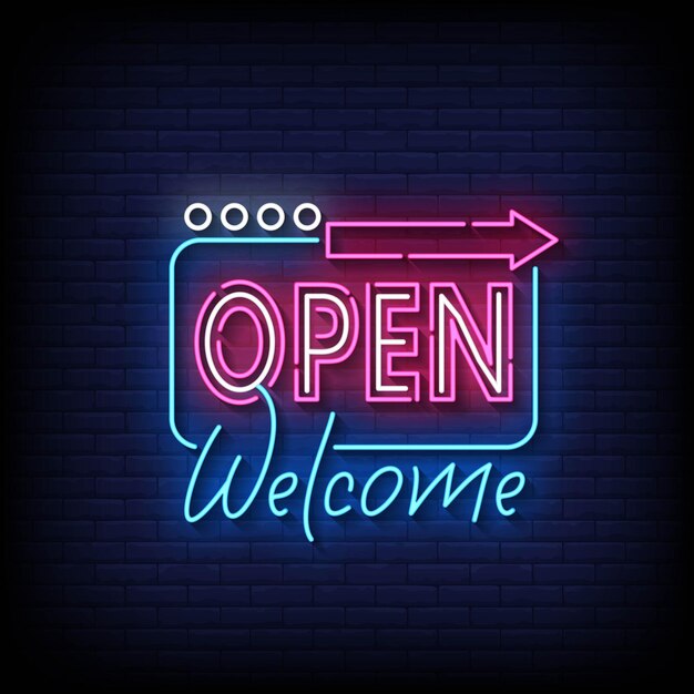 otwórz powitalny neon na tle ściany z cegły wektor