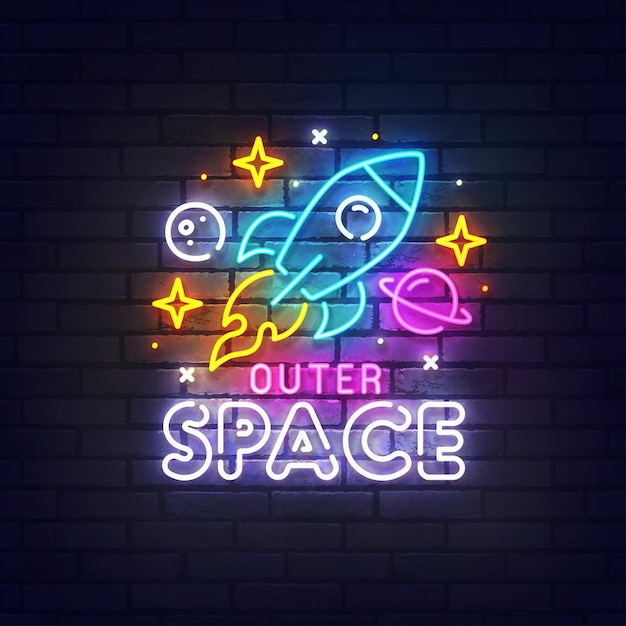 Outer Space Neon Znak Jasny Szyld Jasny Baner świecące światło Fluorescencyjne Na Ciemnej Ceglanej ścianie Kosmiczne Logo Neon Godło Ilustracja Wektorowa