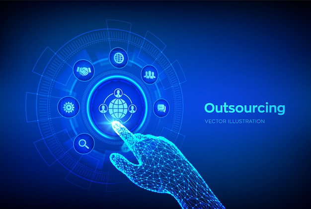 Outsourcing i HR. Globalna rekrutacja Koncepcja biznesu i Internetu na wirtualnym ekranie. Robotyczna ręka dotykająca interfejs cyfrowy.