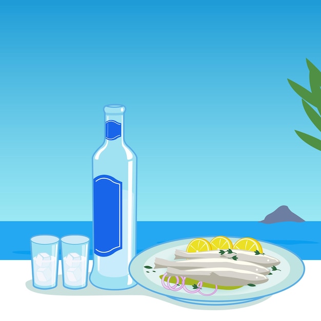 Plik wektorowy ouzo i gotowana ryba na stole przy morzu ilustracja wektorowa