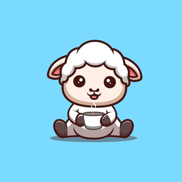 Owca Siedząca Napój Kawę Słodkie Kreatywne Kawaii Kreskówka Maskotka Logo