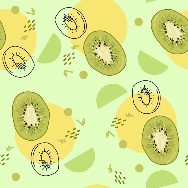 Owoc kiwi wzór kiwi w kreskówce i ręcznie rysowane stylu powtarzające się tło Całe owoce i pokroić pół szablonu żywności na tle tapety papierowej do pakowania tekstyliów
