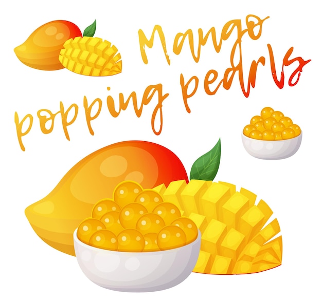 Owoc Mango I żółte Kulki Soku Izolowane Na Białym Tle Do Produkcji Napoju Z Herbatą Bąbelkową.