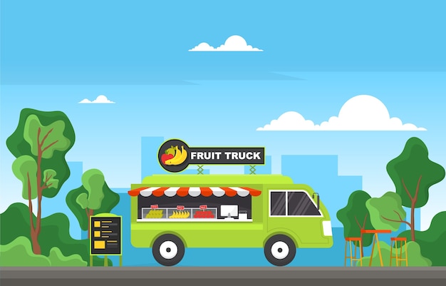 Owoce Food Truck Van Car Vehicle Street Shop Ilustracja