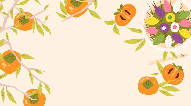 Owoce persimmon i pałeczki do ciasta ryżowego songpyeon Ramka z gałęziami i miejscem na tekst