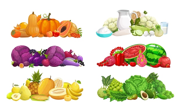 owoce warzywa i orzechy posiłki koloru tęczy dieta detoksykująca dieta system lub plan odżywiania elementy wektorów dieta kolor świeże pomarańczowe warzywa czerwone owoce tropikalne i stos białych produktów mlecznych