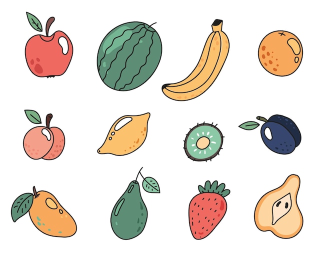 Owocowa Linia Sztuki Doodle Styl Jedzenie Płaskie Na Białym Tle Koncepcja Zestaw Kolekcja Projekt Graficzny Element