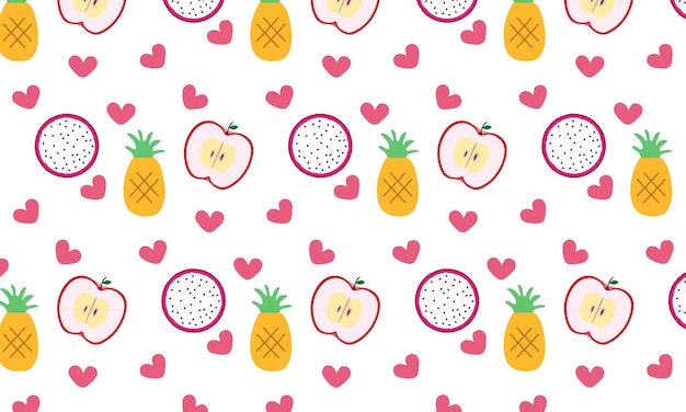 Owocowy bezszwowy wzór ananasa jabłko i smoczy owoc i ikona miłości