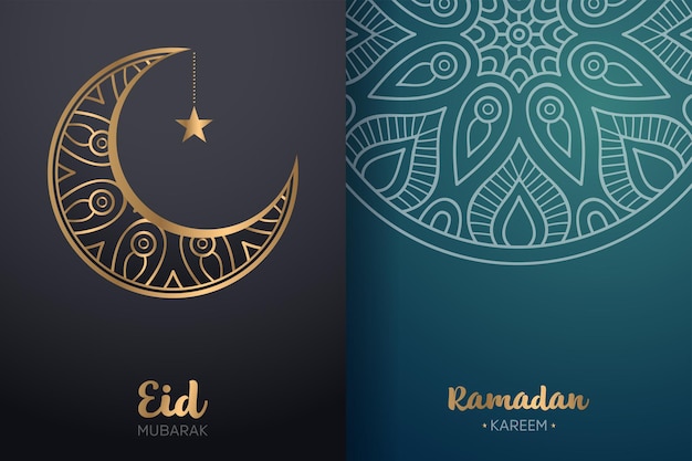 Ozdobna Karta Eid Mubarak I Ramadan Kareem Z Mandalą I Półksiężycem.