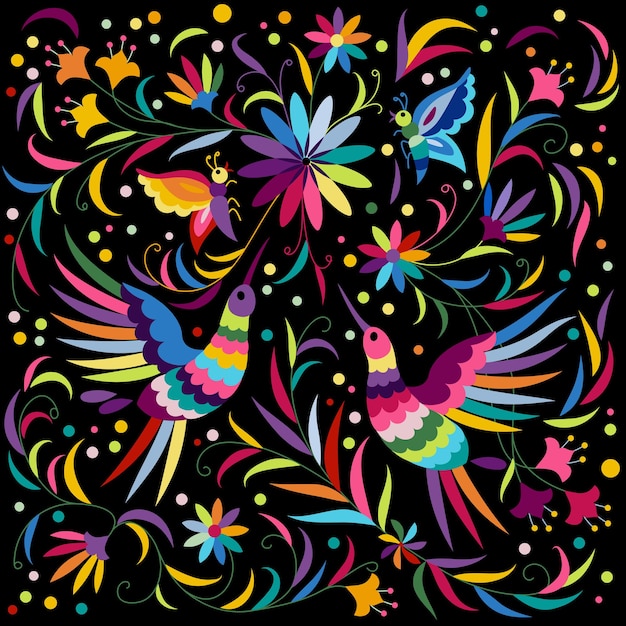 Ozdobny meksykański wzór otomi z ptakami i kwiatami na ciemnym tle.