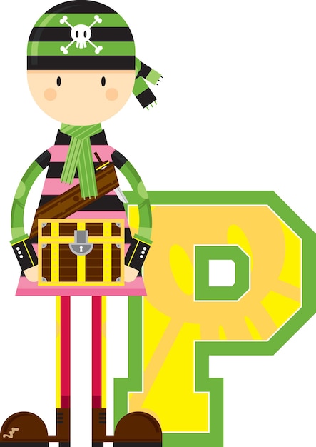Plik wektorowy p jest dla pirata z ilustracją edukacyjną do nauki alfabetu skrzyni skarbów