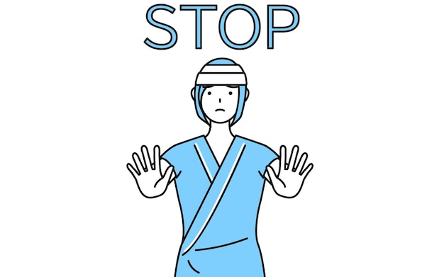 Pacjentka Szpitalna Ubrana W Szpitalną Koszulę I Bandaż Na Głowie Z Rękami Wyciągniętymi Przed Ciało, Sygnalizującymi Stop