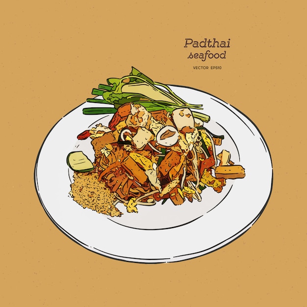 Plik wektorowy pad-thai, tajskie jedzenie.