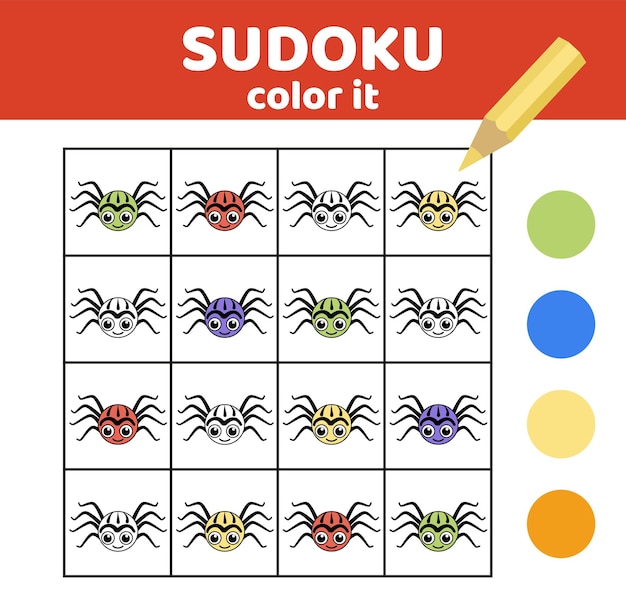 Pająk Kolorowanki sudoku z uroczym pająkiem Halloweenowa kreskówka Sudoku gra logiczna