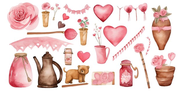 Plik wektorowy pakiet akwarelowy z akwarelami, niedźwiedziami, sercami, różami, bukietami, ciastami, kubkami i wazonami, romantyczne dekoracje